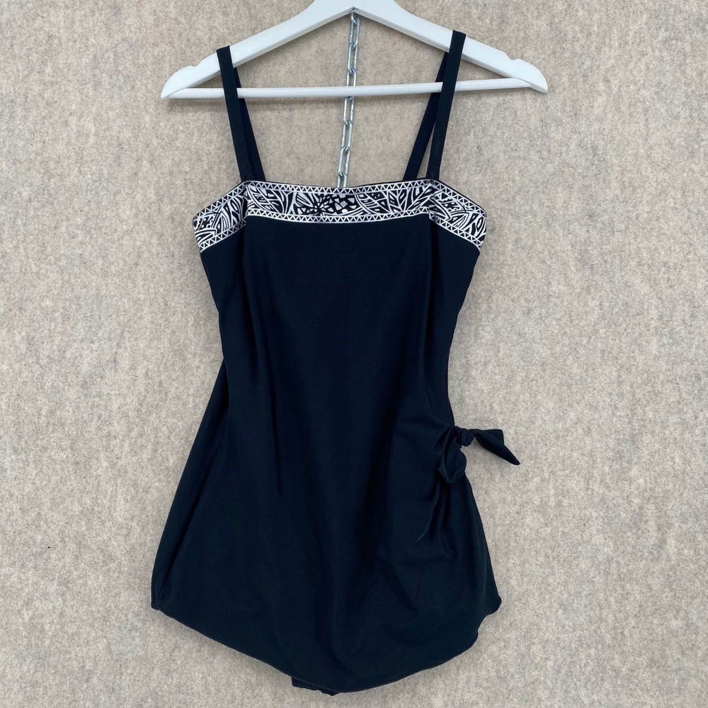 Roxanne Black Swim Dress One Piece Swimsuit Embroidered Trim Side Tie 12/34C